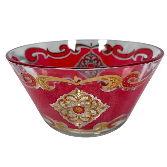 Vintage MCM Culver Starlyte Red Gold Punch Bowl Round Filigree Glassware 10.5